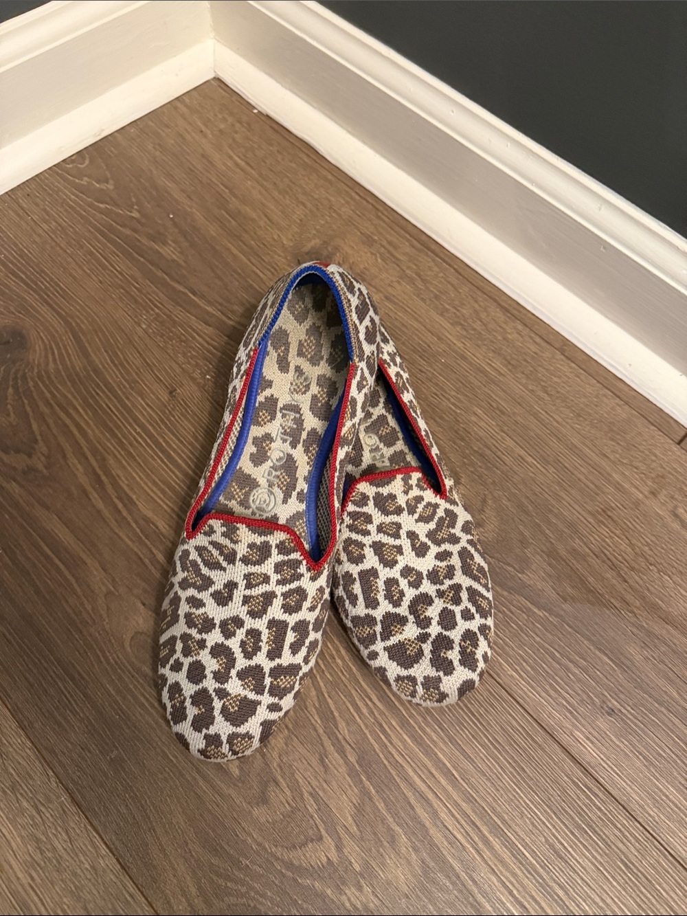 Rothy's Leopard-Print Slip-On Flats with Red Piping and Blue Trim - Picture 2 of 2
